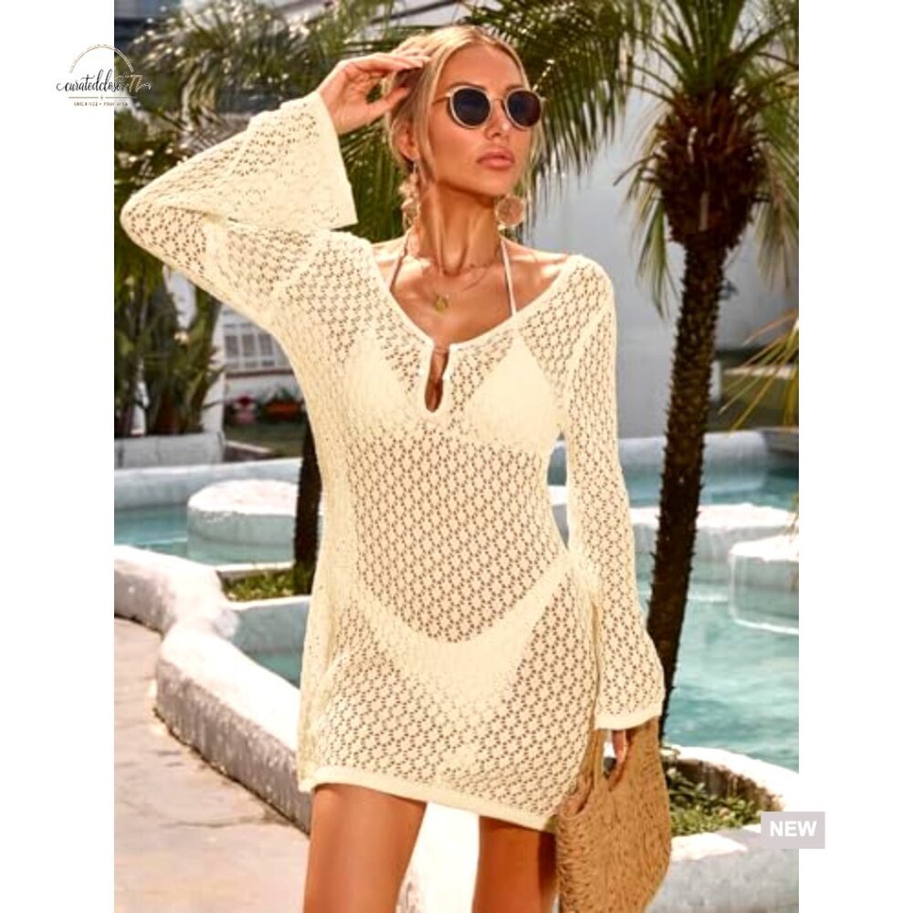 Large Crochet Mesh Swimsuit Cover Up Mini Dress V Neck Pearl - Picture 5 of 7